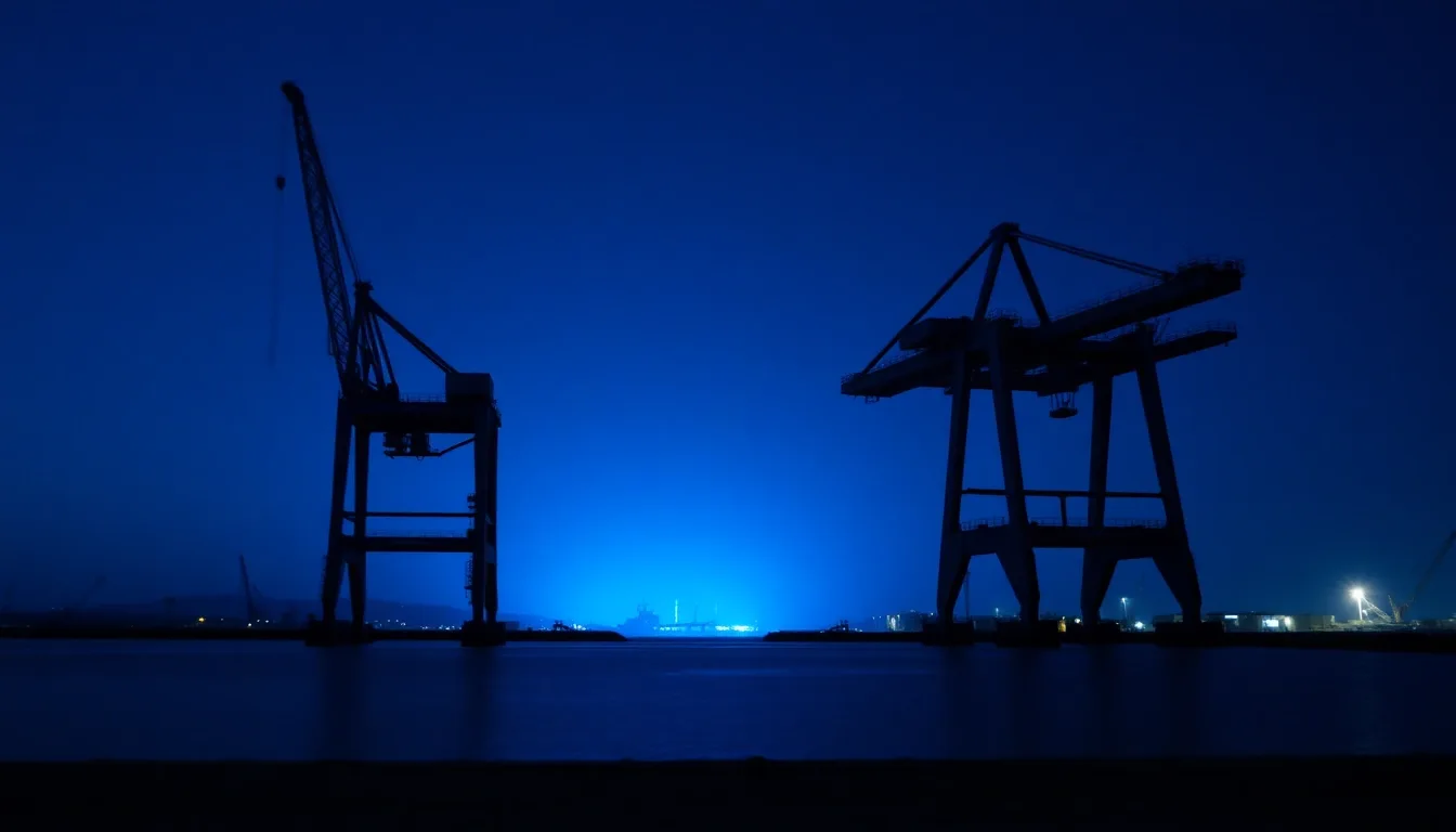 Harbour gantry cranes silhouetted against the night sky, illustrating Capital losses across US and UK