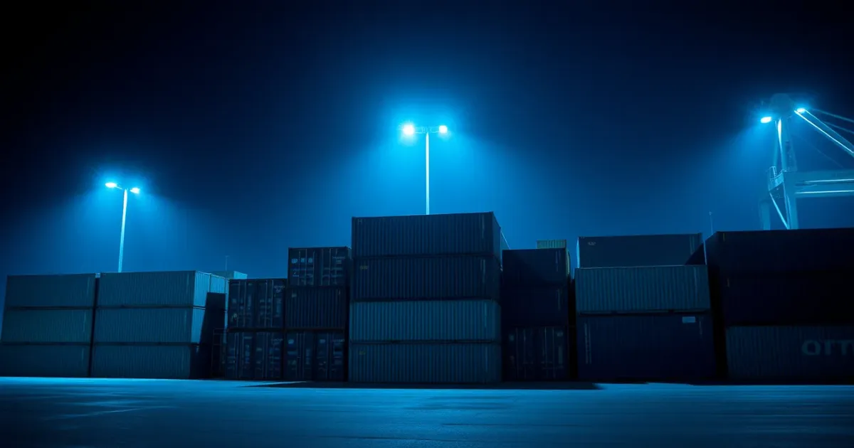 Stacked shipping containers under floodlight at night, illustrating crypto reporting for US citizens in the UK