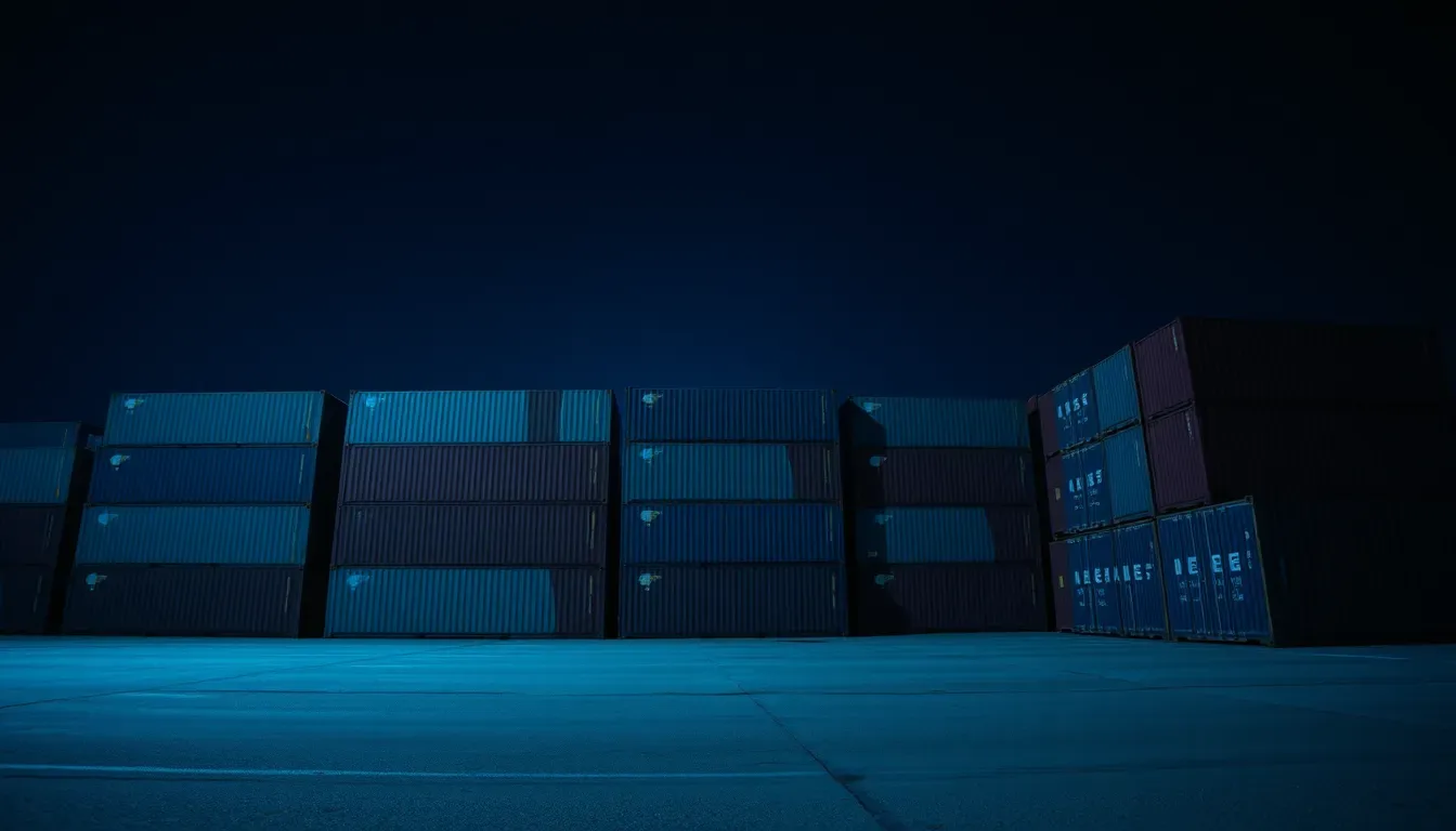 Stacked shipping containers under floodlight at night, illustrating crypto reporting for US citizens in the UK