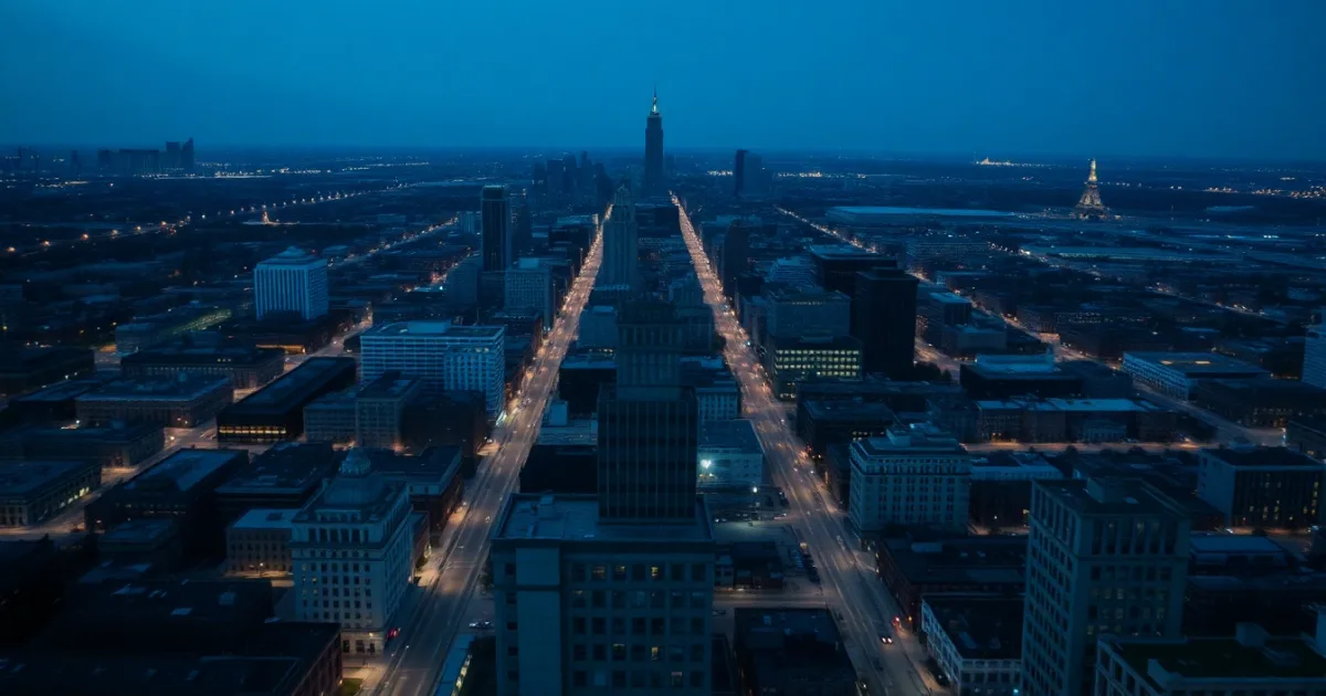 A grid-planned American city seen from above at dusk, illustrating state tax ties: cutting them cleanly