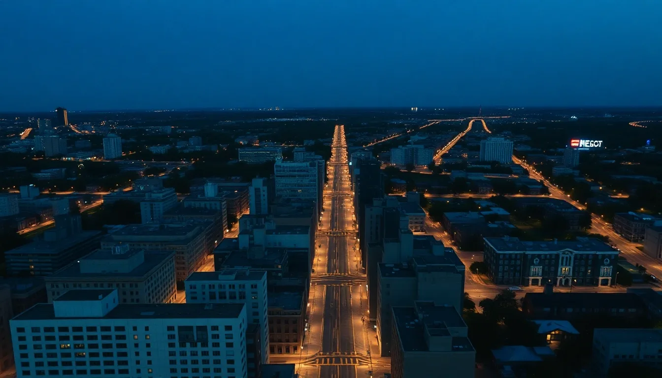 A grid-planned American city seen from above at dusk, illustrating state tax ties: cutting them cleanly