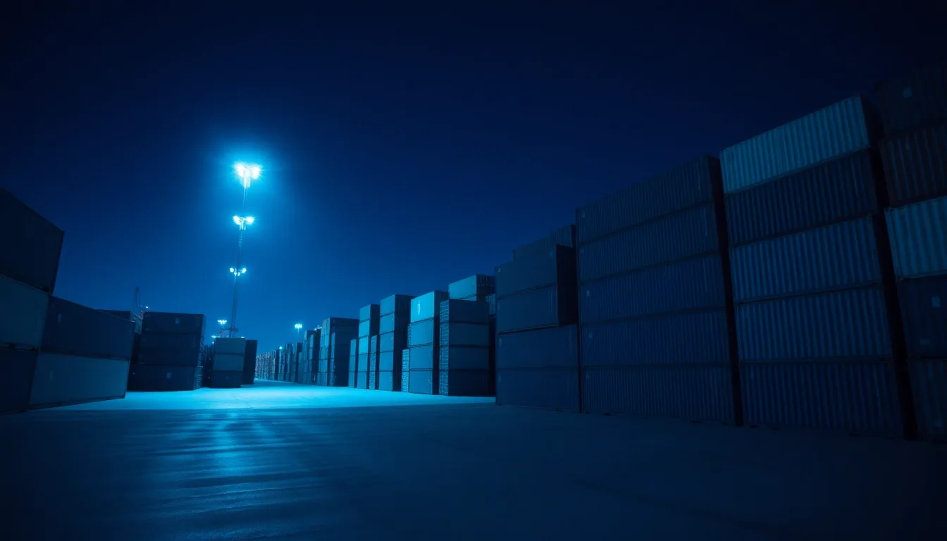 Harbour gantry cranes silhouetted against the night sky, illustrating Employee share schemes and US tax