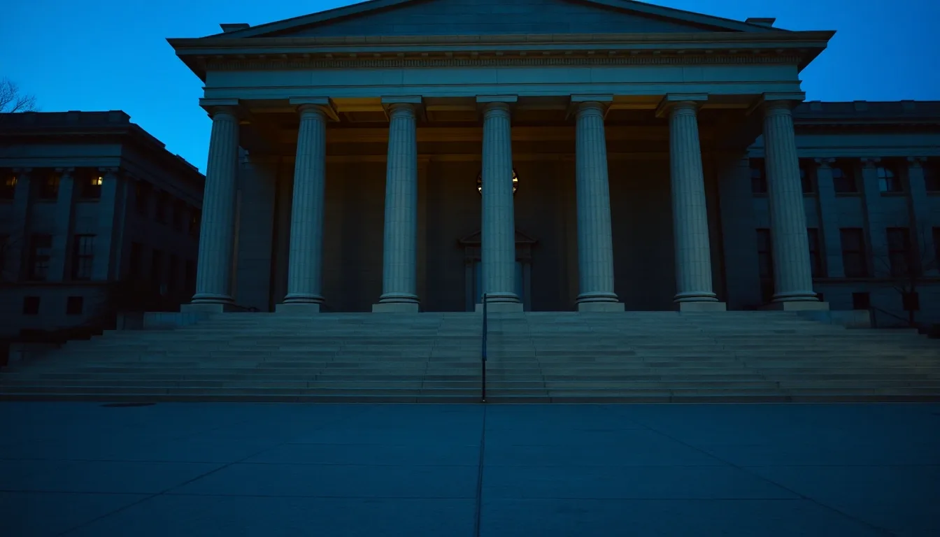 The colonnade of a neoclassical federal building at dusk, illustrating Foreign housing exclusion for expats