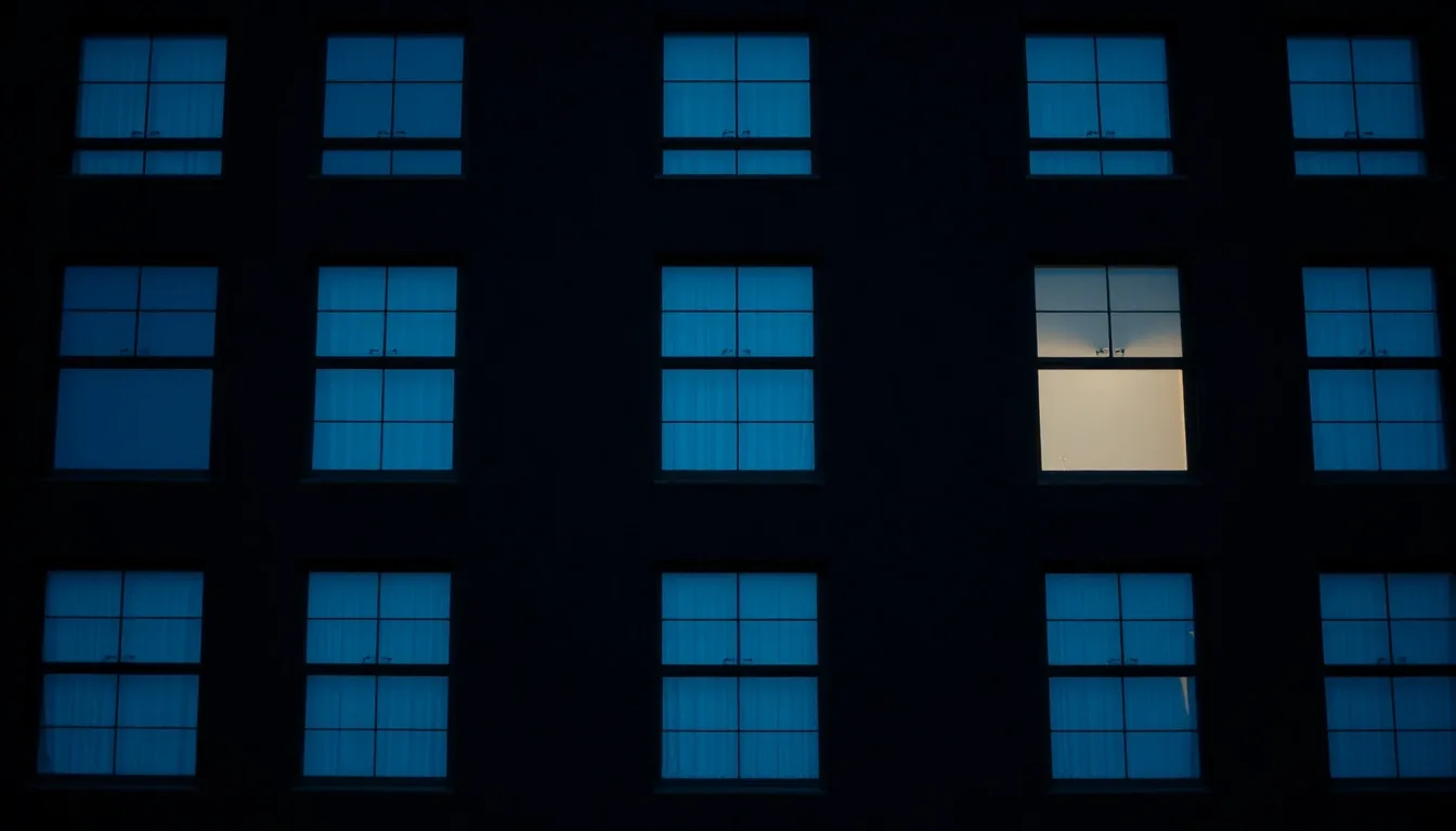 A dark facade of identical windows, a few lit from within, illustrating Filing a US return from the UK