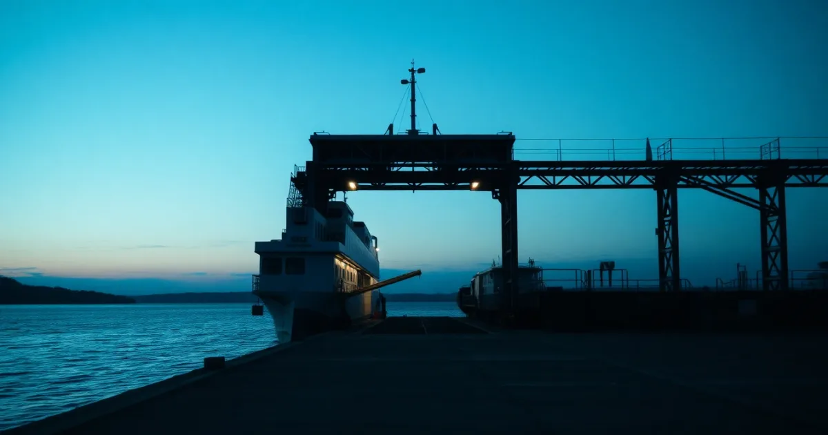 A ferry terminal on a river estuary at dawn, its berth empty, illustrating FIRPTA withholding when you sell
