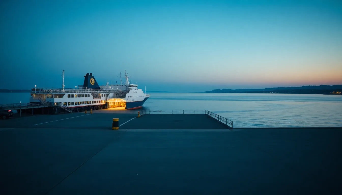 A ferry terminal on a river estuary at dawn, its berth empty, illustrating FIRPTA withholding when you sell