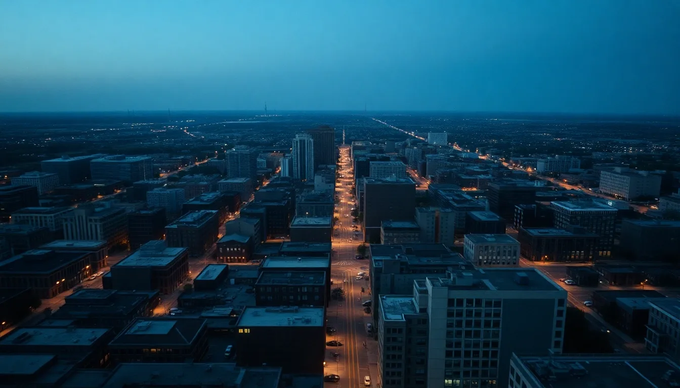 A grid-planned American city seen from above at dusk, illustrating Foreign tax credit carryover explained