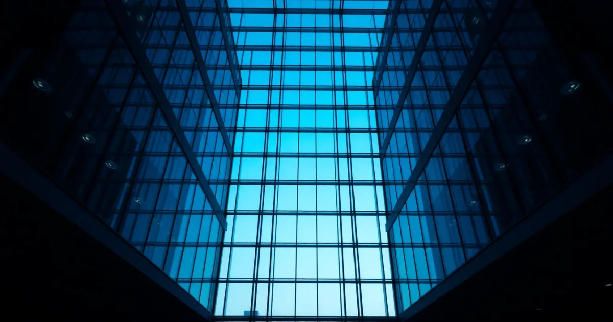 An empty steel and glass atrium seen from below, illustrating Form 3520: reporting a foreign gift