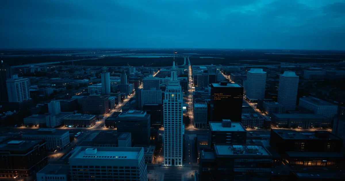 A grid-planned American city seen from above at dusk, illustrating Form 3520-A: who files it and when