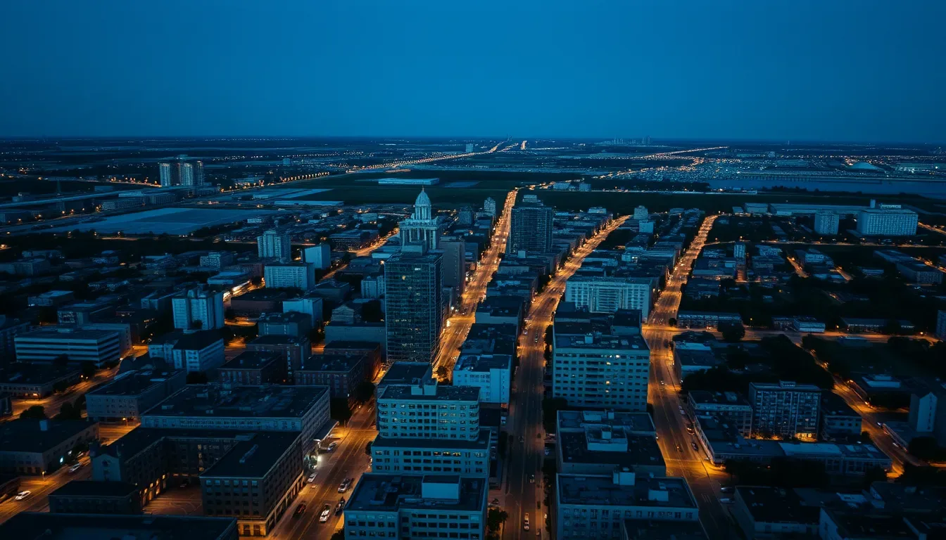 A grid-planned American city seen from above at dusk, illustrating Form 3520-A: who files it and when