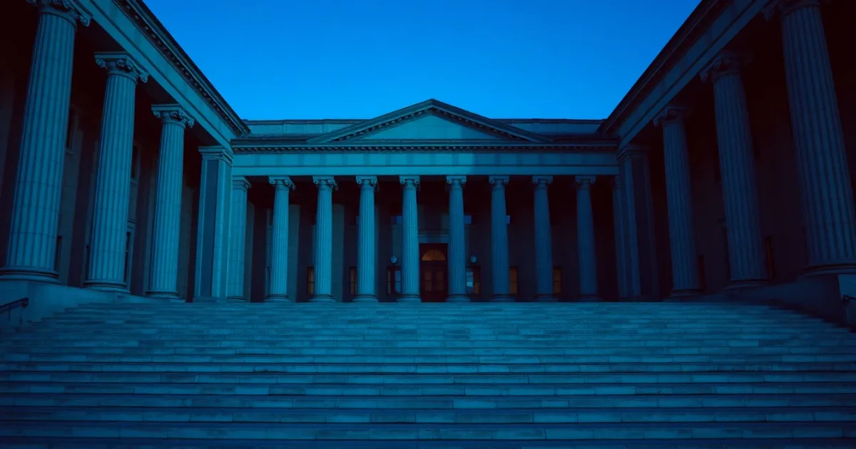 The colonnade of a neoclassical federal building at dusk, illustrating form 5471 for a UK company