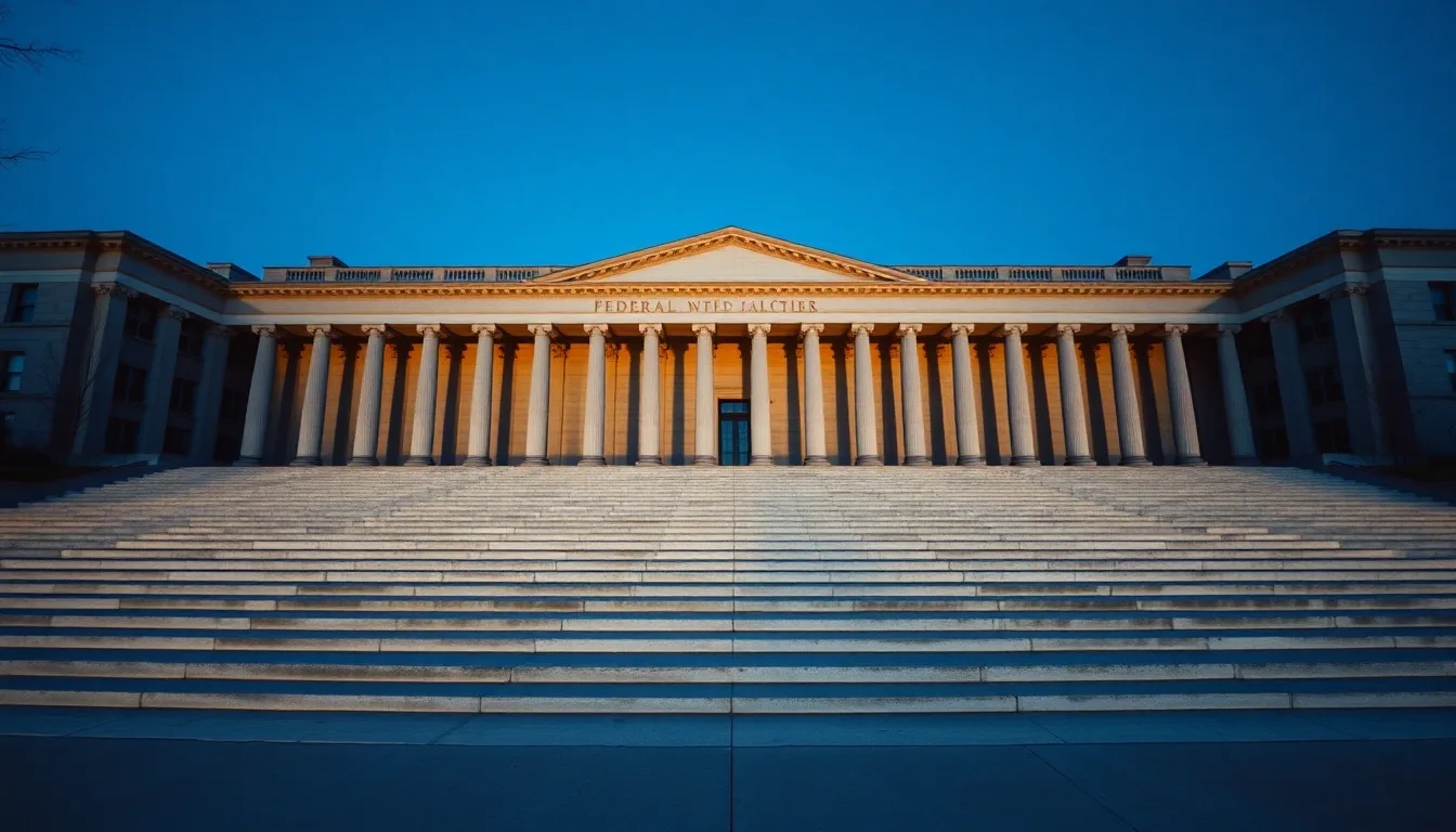 The colonnade of a neoclassical federal building at dusk, illustrating form 5471 for a UK company