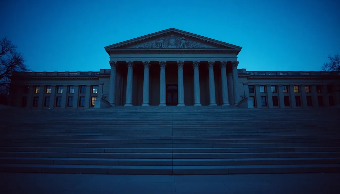 The colonnade of a neoclassical federal building at dusk, illustrating Treaty-based return position and 8833