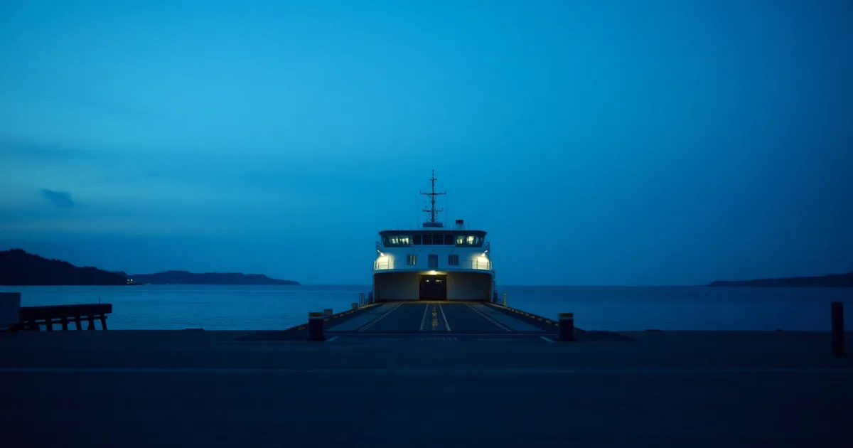 A ferry terminal on a river estuary at dawn, its berth empty, illustrating Form 8858 and a UK sole trade