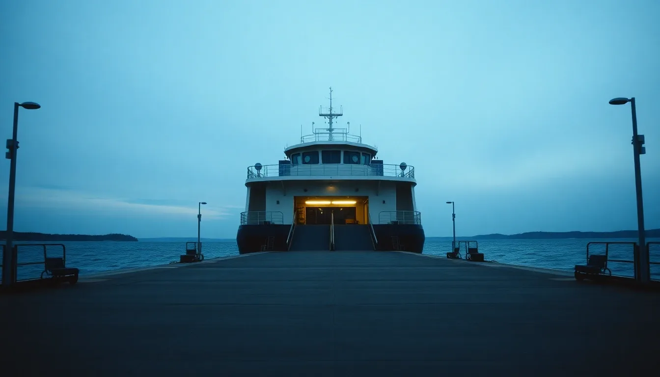 A ferry terminal on a river estuary at dawn, its berth empty, illustrating Form 8858 and a UK sole trade