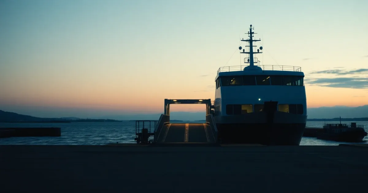 A ferry terminal on a river estuary at dawn, its berth empty, illustrating Form 8865 and UK partnerships