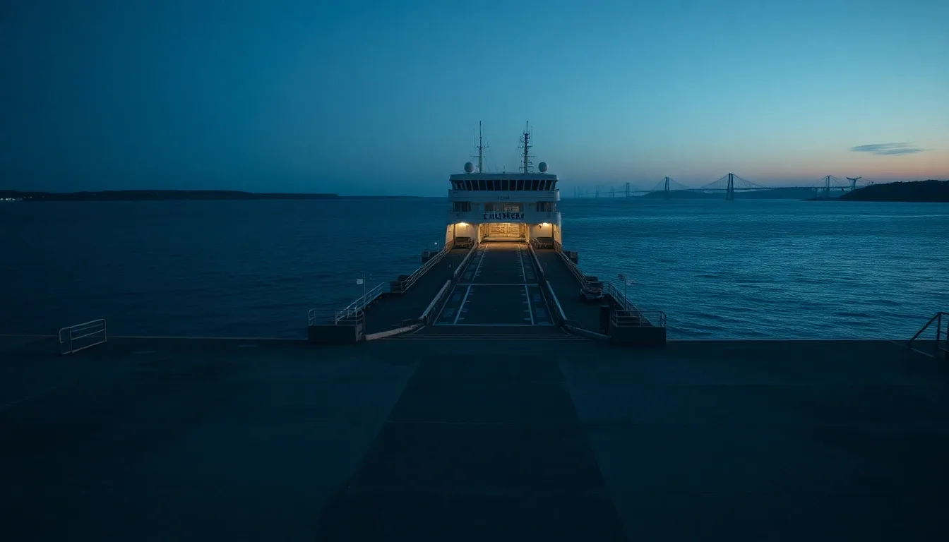 A ferry terminal on a river estuary at dawn, its berth empty, illustrating Form 8865 and UK partnerships