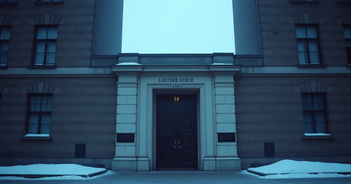 The carved stone doorway of a government building in fog, illustrating Gift Aid after leaving the UK