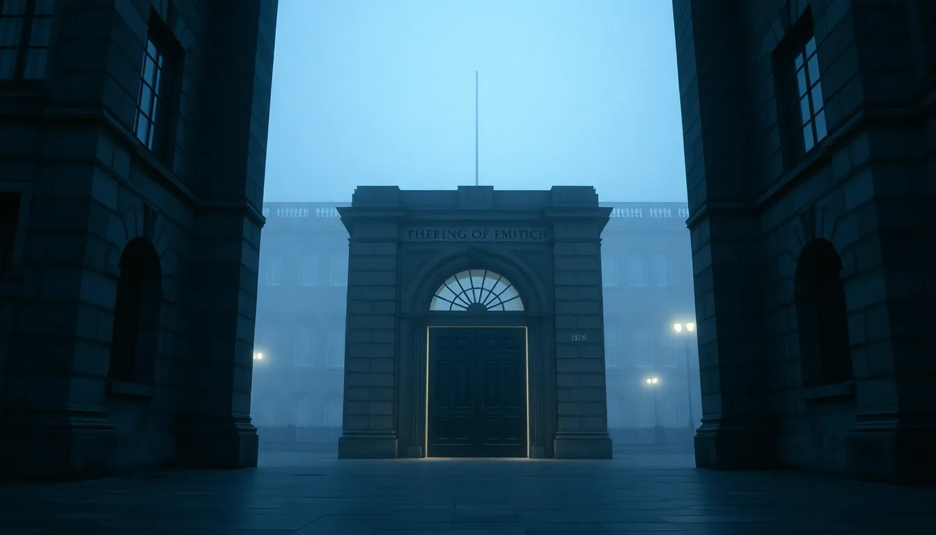 The carved stone doorway of a government building in fog, illustrating Gift Aid after leaving the UK