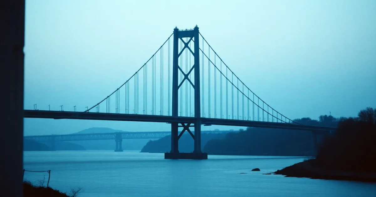 A suspension bridge photographed from the riverbank at dawn, illustrating Certificate of residence from HMRC