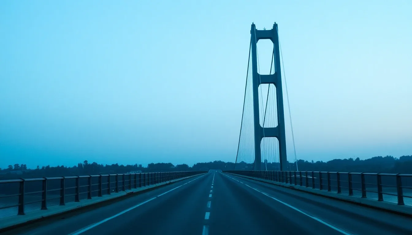 A suspension bridge photographed from the riverbank at dawn, illustrating Certificate of residence from HMRC