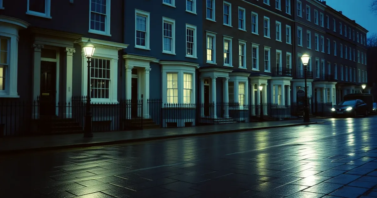 A Georgian London terrace at dusk with rain on the pavement, illustrating Time to Pay: HMRC instalment plans
