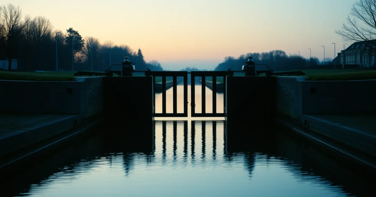 An empty canal lock at dawn, its timber gates closed, illustrating Limitation on benefits article: UK guide