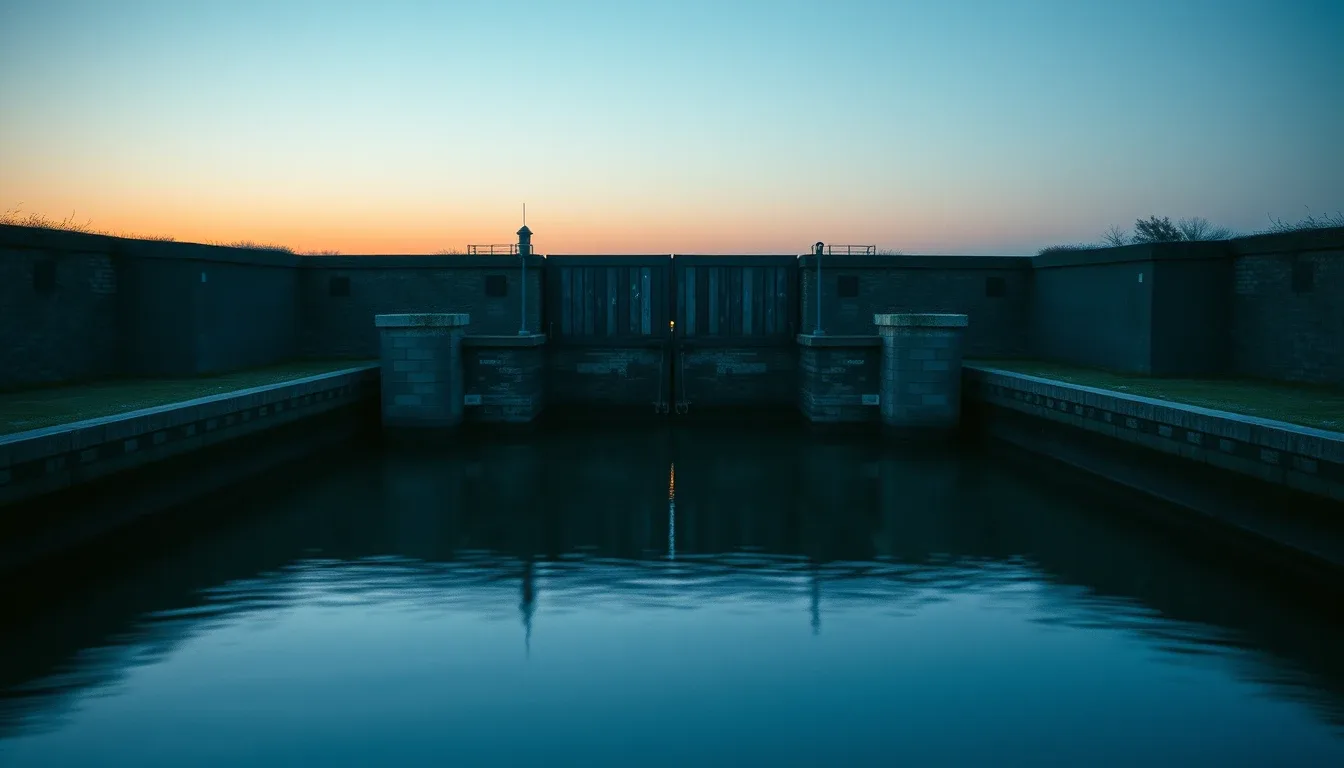 An empty canal lock at dawn, its timber gates closed, illustrating Limitation on benefits article: UK guide