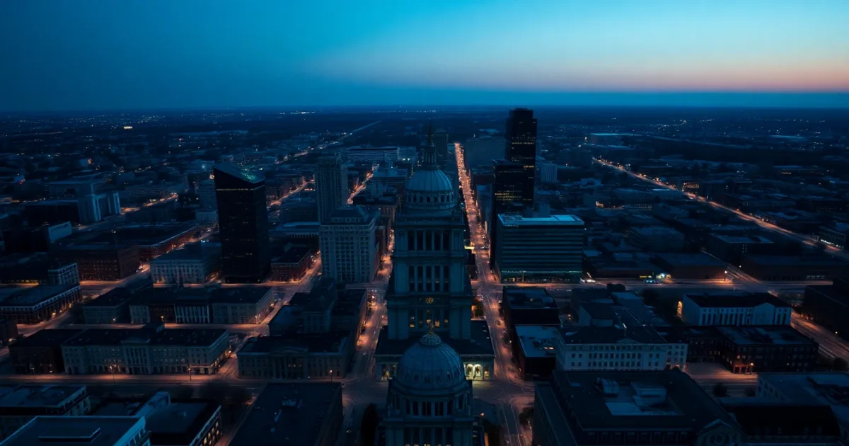 A grid-planned American city seen from above at dusk, illustrating Married filing separately with a UK spouse