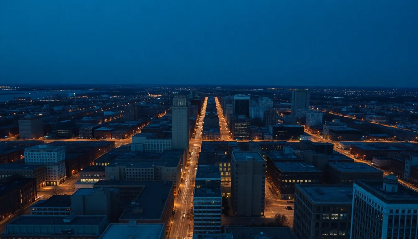 A grid-planned American city seen from above at dusk, illustrating Married filing separately with a UK spouse