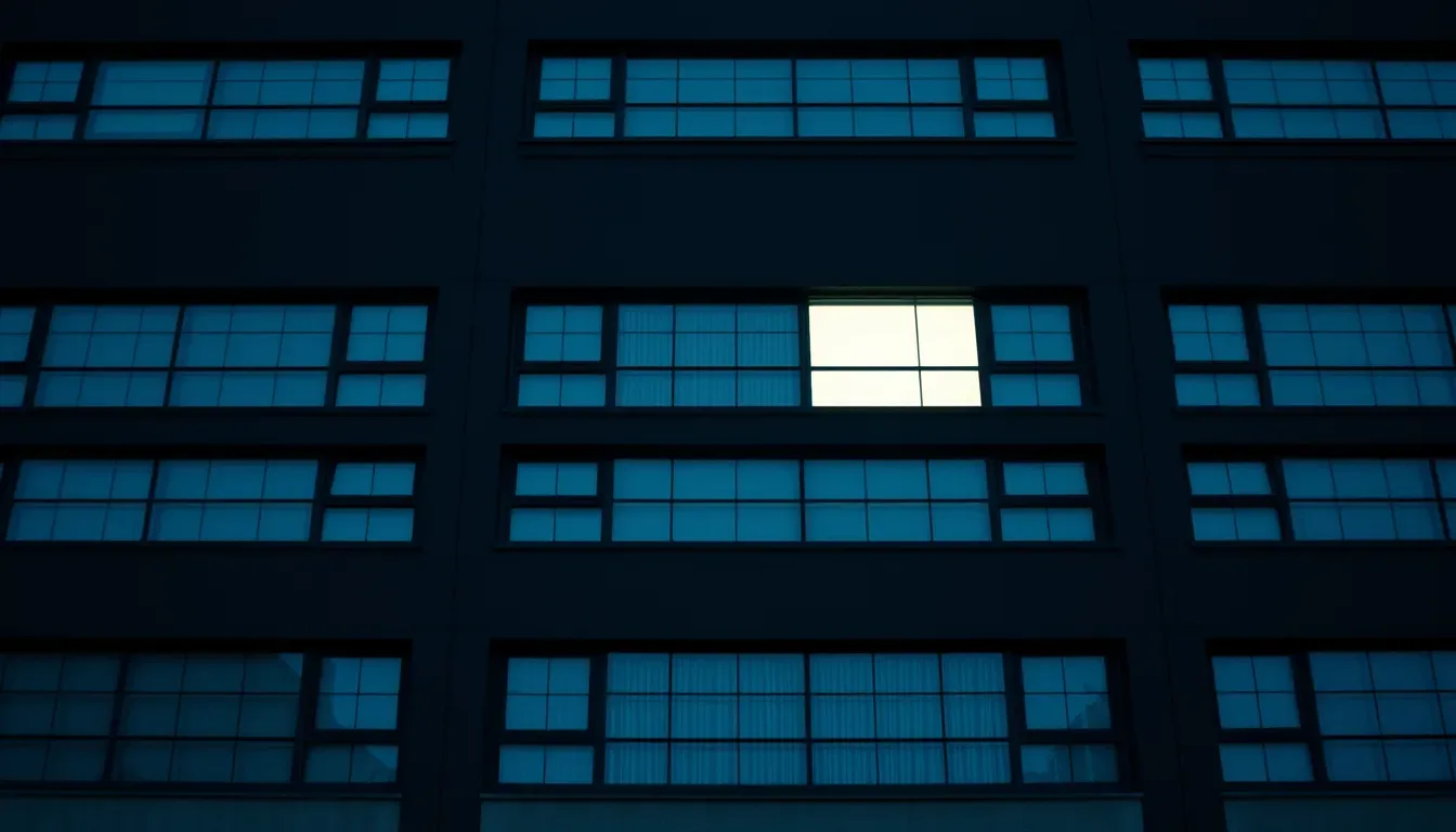 A dark facade of identical windows, a few lit from within, illustrating military pay and US tax while abroad