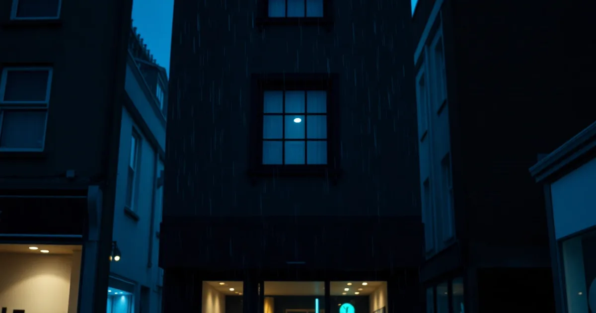 A rain-streaked window above a British high street at night, illustrating National Insurance for Americans in the UK