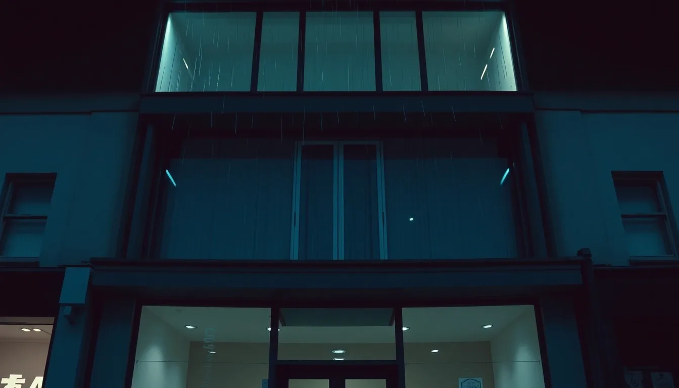 A rain-streaked window above a British high street at night, illustrating National Insurance for Americans in the UK