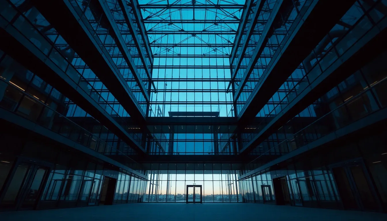An empty steel and glass atrium seen from below, illustrating new York residency for expats