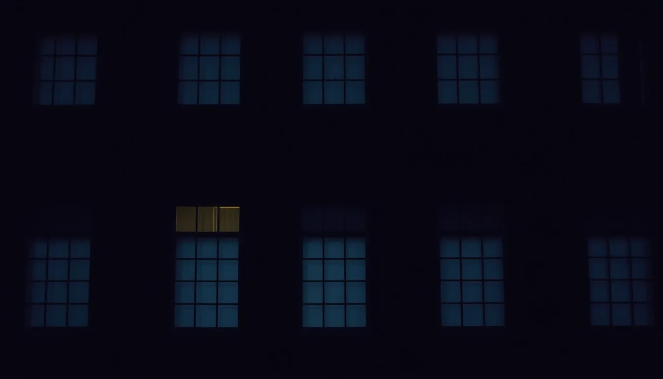 A dark facade of identical windows, a few lit from within, illustrating Passport revocation for tax debt