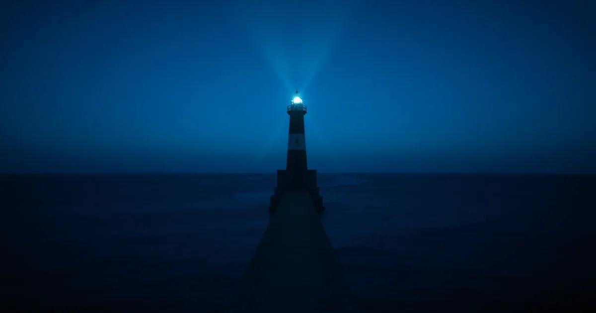 A lighthouse beam sweeping across a calm dark sea, illustrating QROPS transfer and US tax