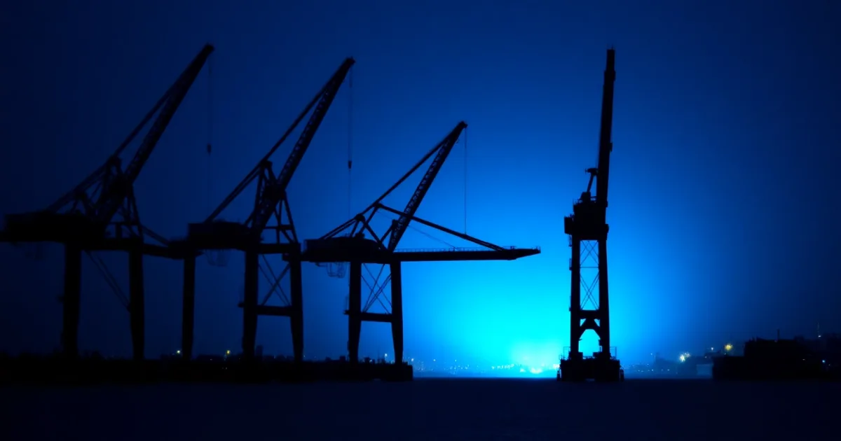 Harbour gantry cranes silhouetted against the night sky, illustrating Redundancy pay and US tax
