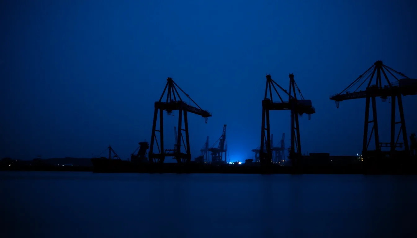 Harbour gantry cranes silhouetted against the night sky, illustrating Redundancy pay and US tax