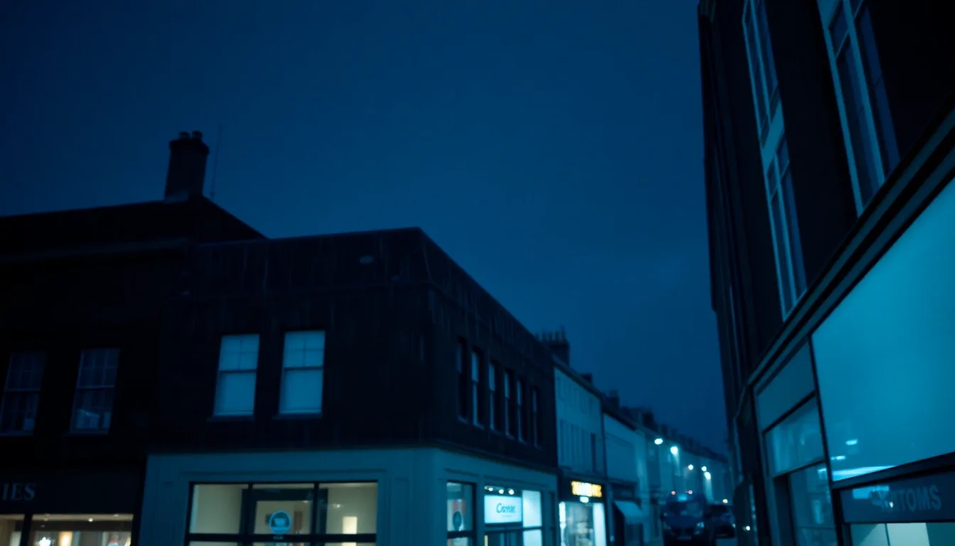 A rain-streaked window above a British high street at night, illustrating Register for Self Assessment by 5 October