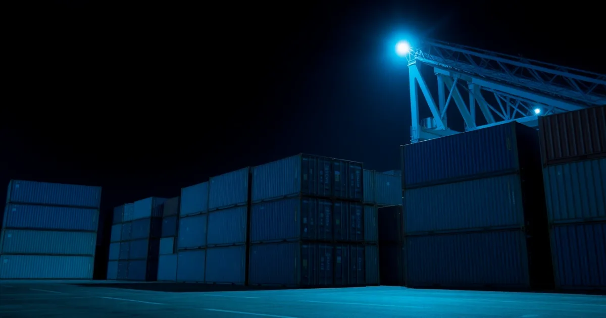 Harbour gantry cranes silhouetted against the night sky, illustrating Working remotely from the UK for a US firm