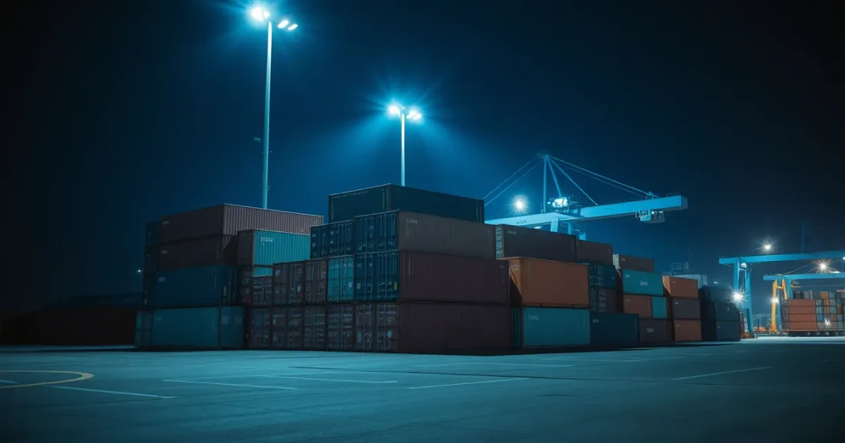 Stacked shipping containers under floodlight at night, illustrating royalties taxed in the US and UK