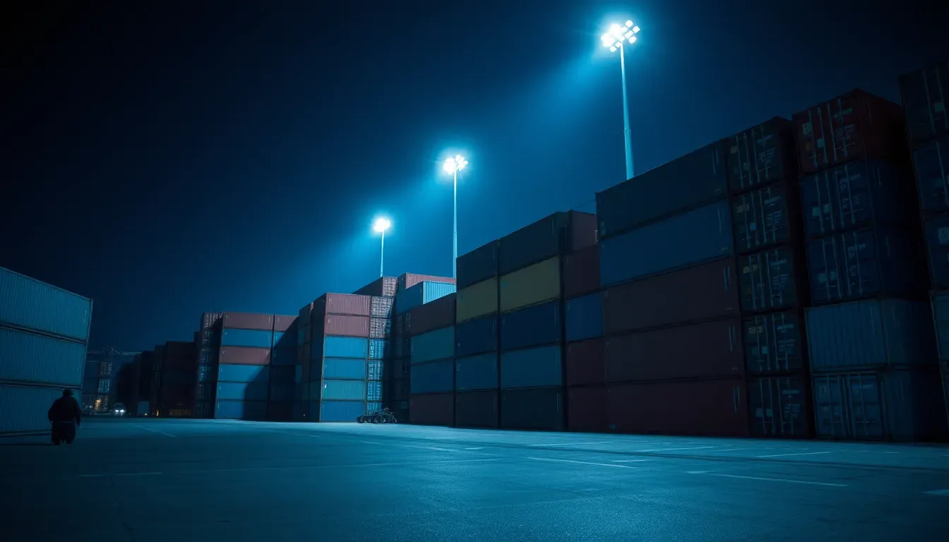 Stacked shipping containers under floodlight at night, illustrating royalties taxed in the US and UK