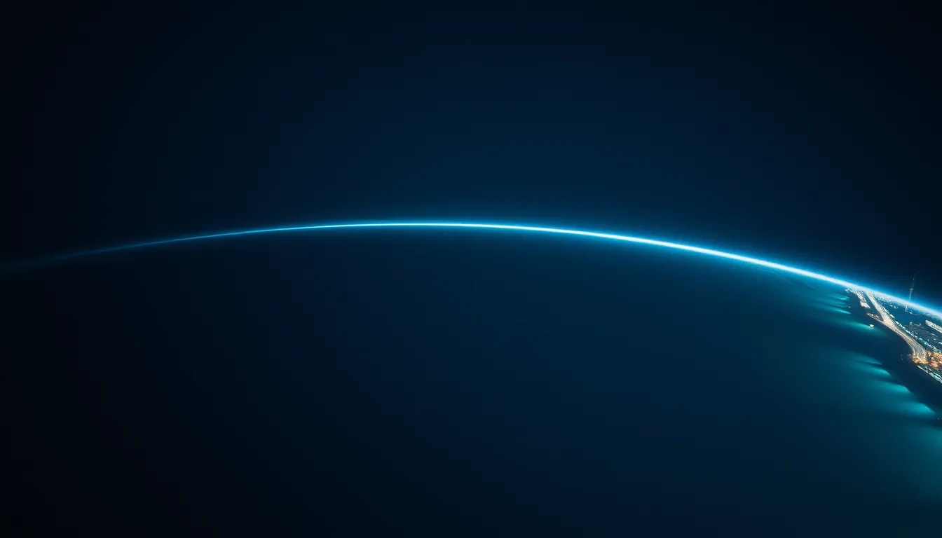 An arc of light across a night ocean between two coastlines, illustrating scholarship tax rules in the US and UK