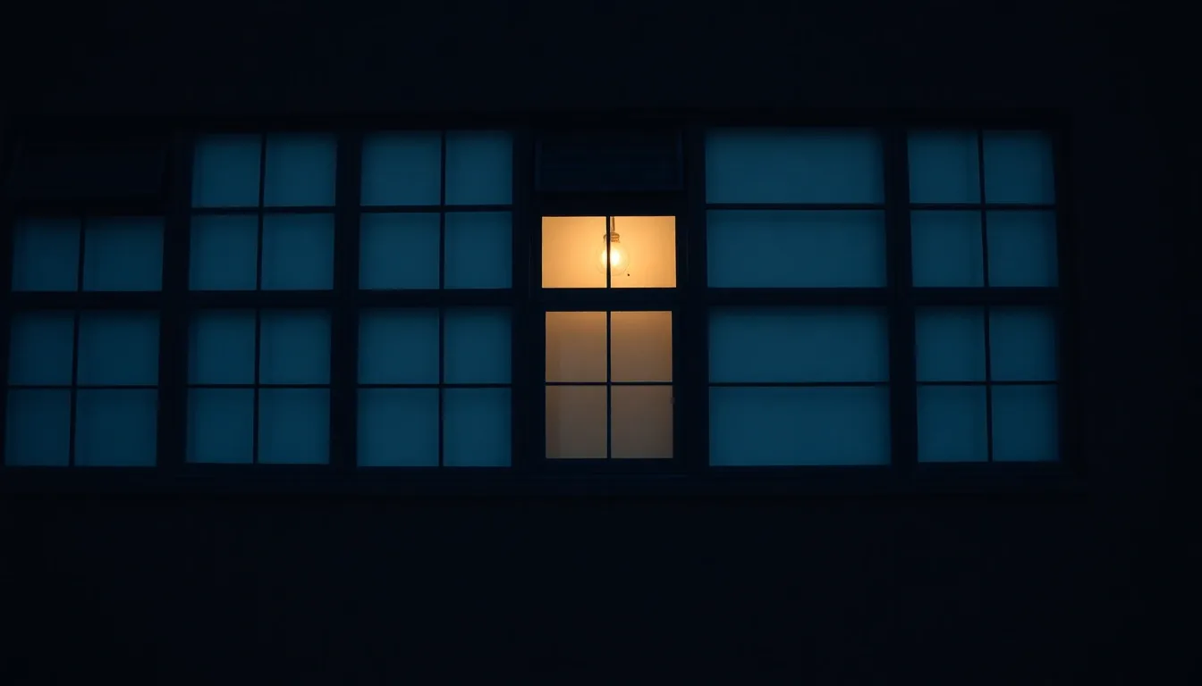 A dark facade of identical windows, a few lit from within, illustrating Self-employment tax for US expats