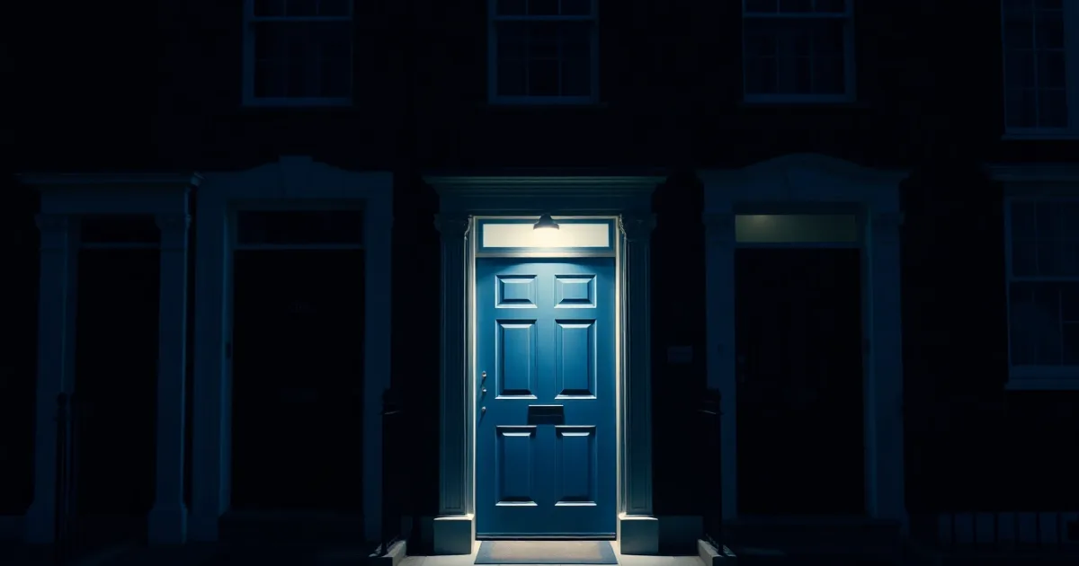 A row of townhouse doorways with one porch light on, illustrating Selling a UK home as a US person