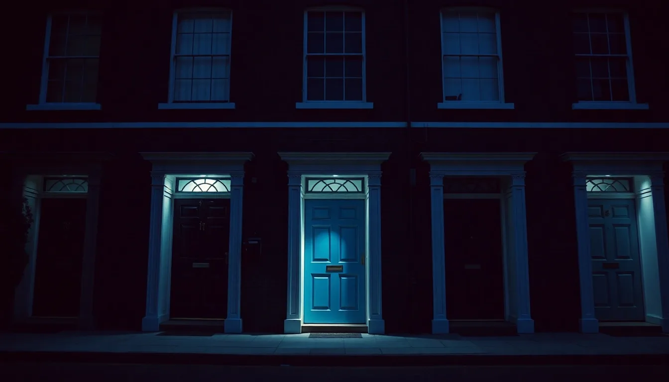 A row of townhouse doorways with one porch light on, illustrating Selling a UK home as a US person