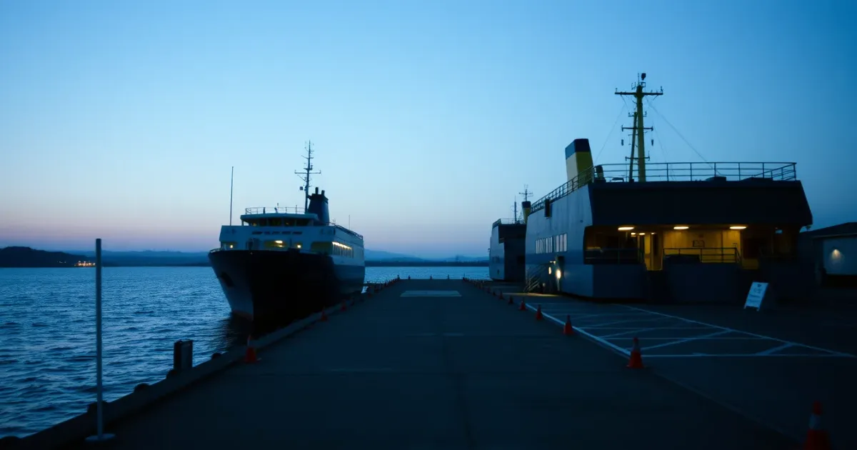 A ferry terminal on a river estuary at dawn, its berth empty, illustrating Selling UK assets before you move