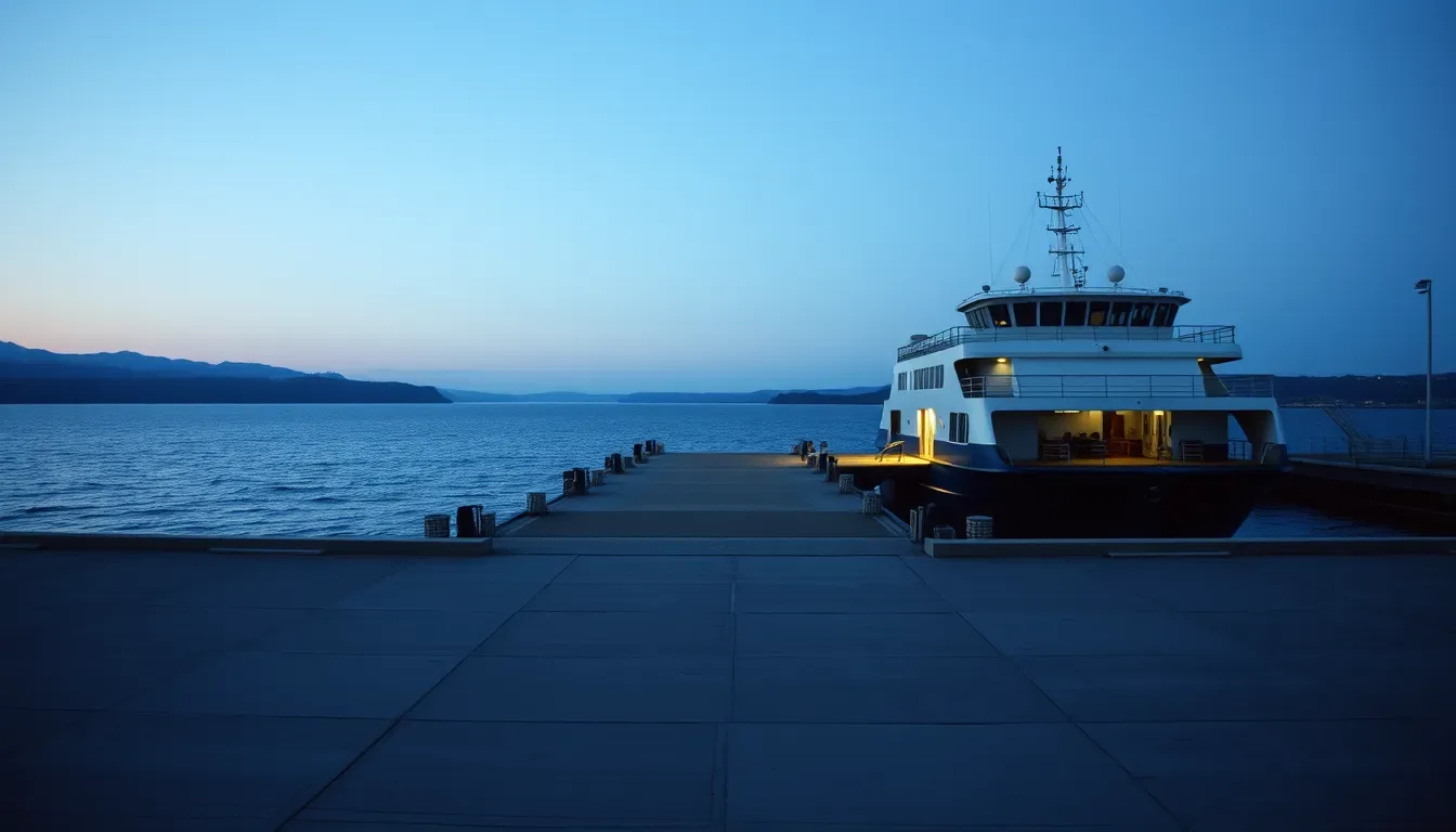 A ferry terminal on a river estuary at dawn, its berth empty, illustrating Selling UK assets before you move