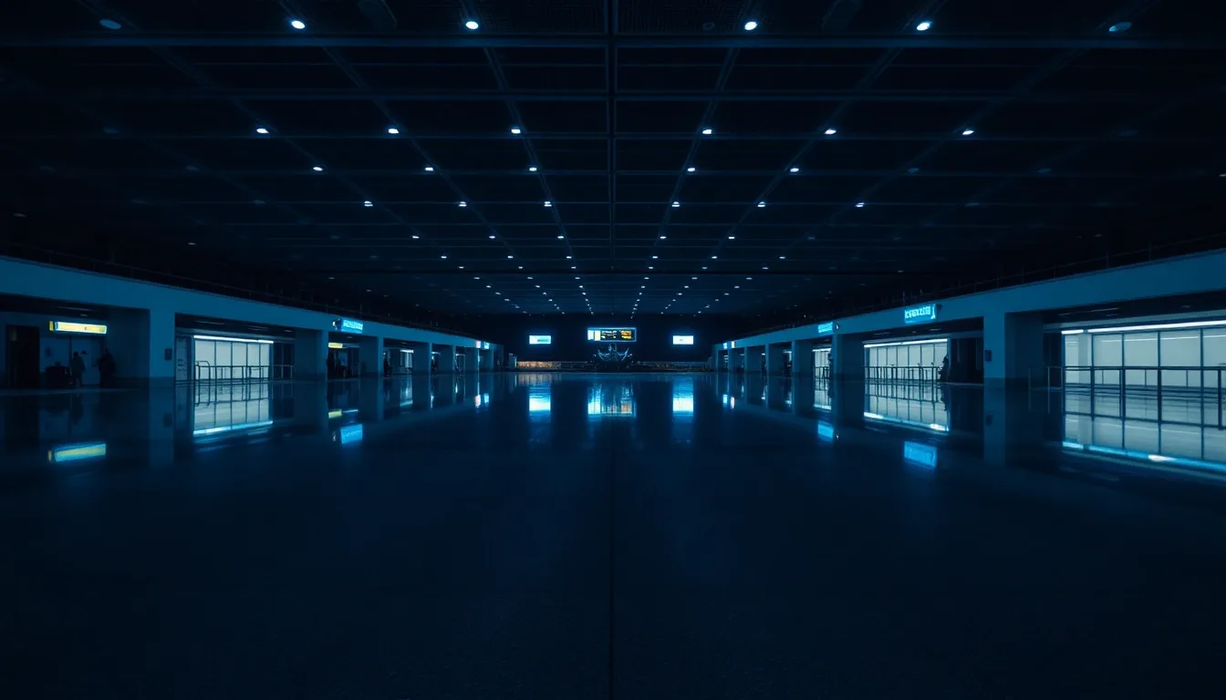 An empty airport departure hall at night, illustrating social Security number from abroad