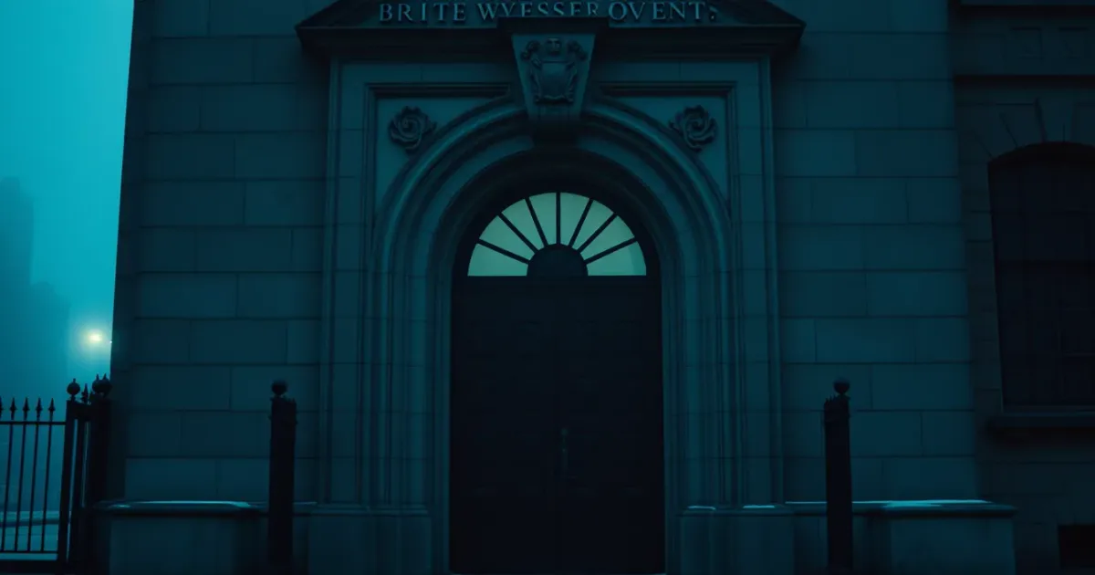 The carved stone doorway of a government building in fog, illustrating Split year treatment when you leave